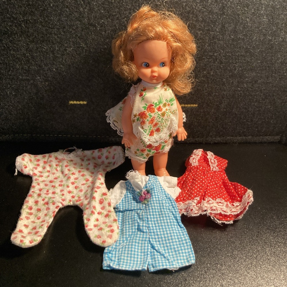 Vintage 7" Big Eye Vinyl Doll Blonde Hair w/ 4 Dresses Hong Kong 1960s Toy
